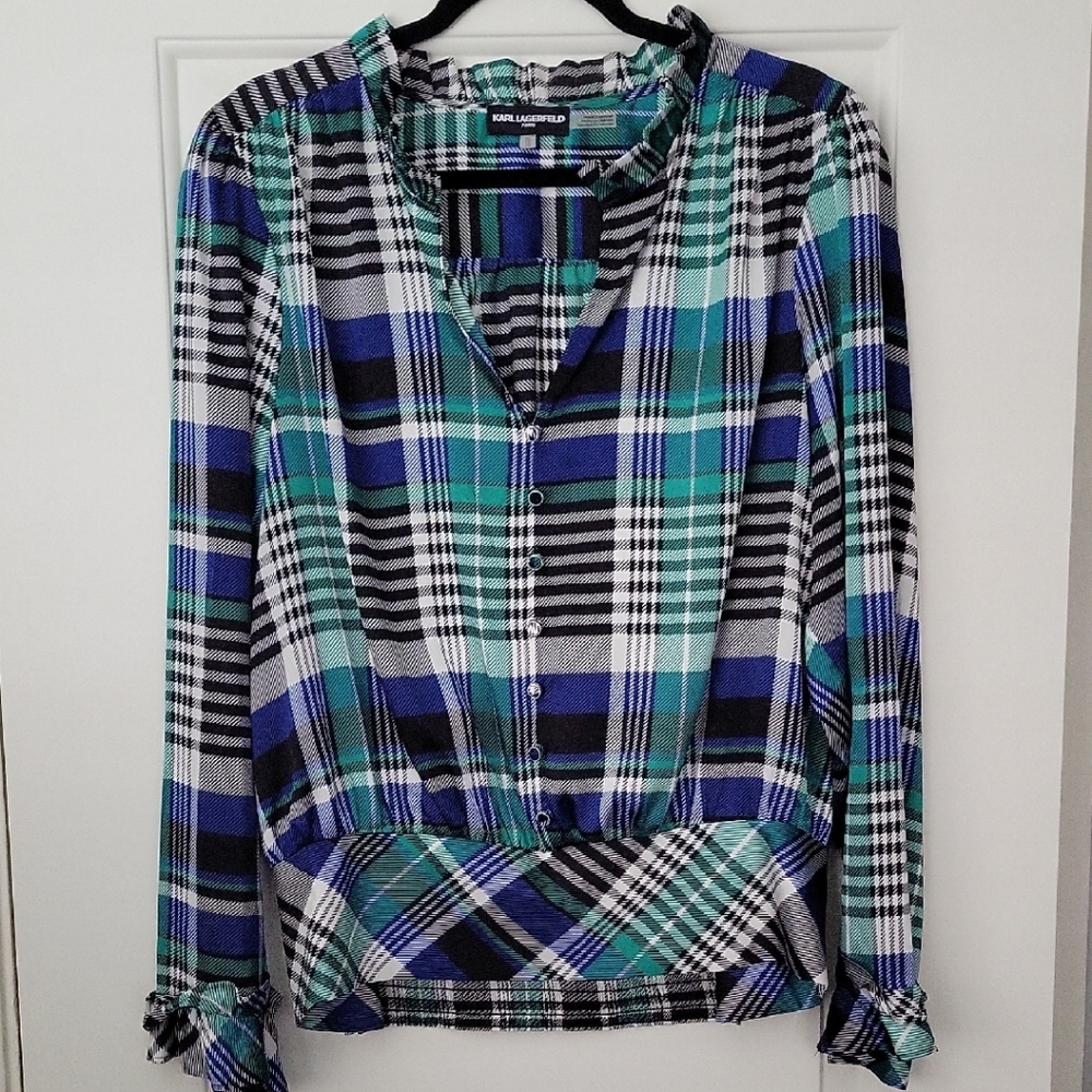 Karl Lagerfeld Plaid Pullover, Faux Button-Down - Blue,Green,Black,White